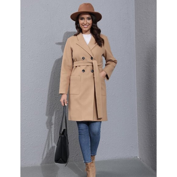 Elegant Womens Wool Pea Coat - Warm Notched Collar Double Breasted Outerwear - Picture 5 of 8